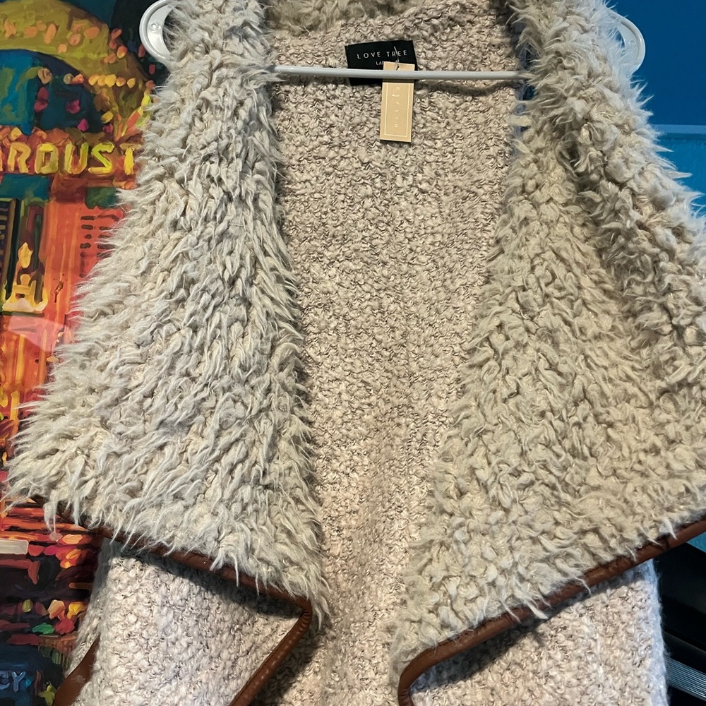 Love Tree Cream and Brown Teddy Jacket with Plush Waterfall Collar